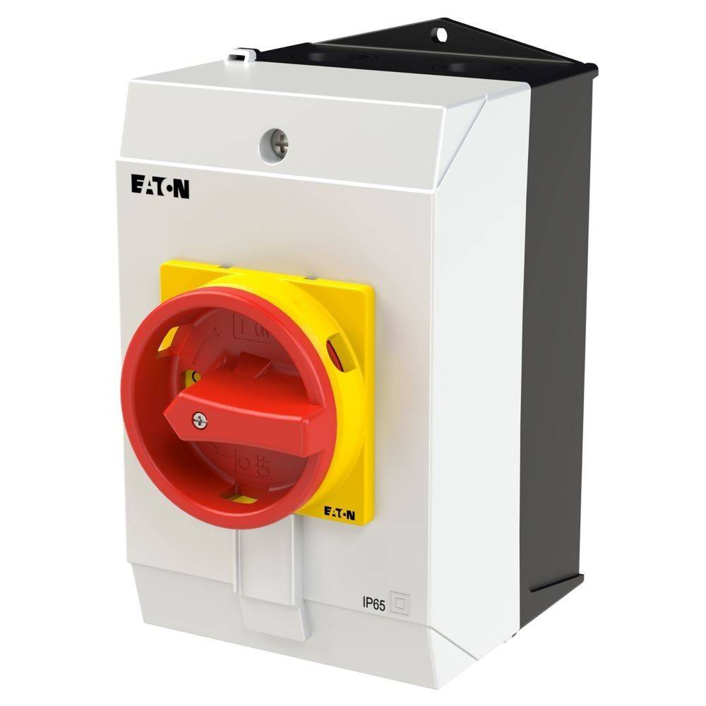Ein weißer und gelber industrieller Elektroschalter mit einem roten Drehgriff, gekennzeichnet mit 'EATON' und 'IP65', montiert auf einer schwarzen Tafel.