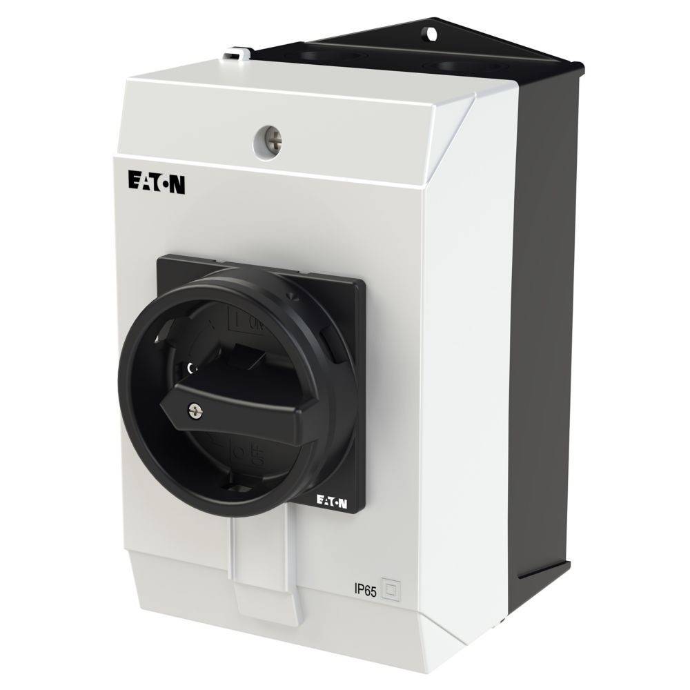 Eaton Wandmontierte Schalterschachtel, mit 'IP65' gekennzeichnet, mit einem robusten schwarzen Rundschalter auf einem weißen rechteckigen Gehäuse.