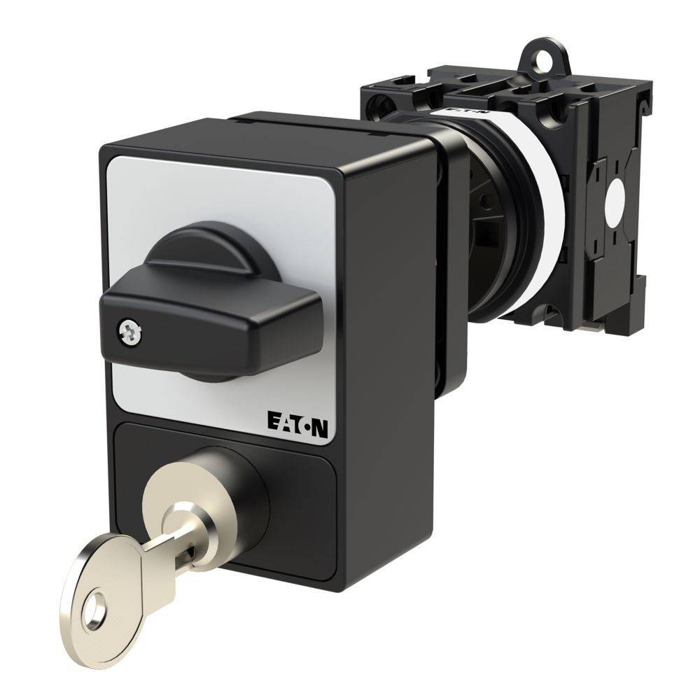 Ein schwarzer Drehschalter mit einem Schlüsselschließmechanismus, beschriftet mit 'Eaton'. Der Schalter ist auf einer quadratischen Grundfläche montiert und verfügt über einen vorstehenden Schlüssel.