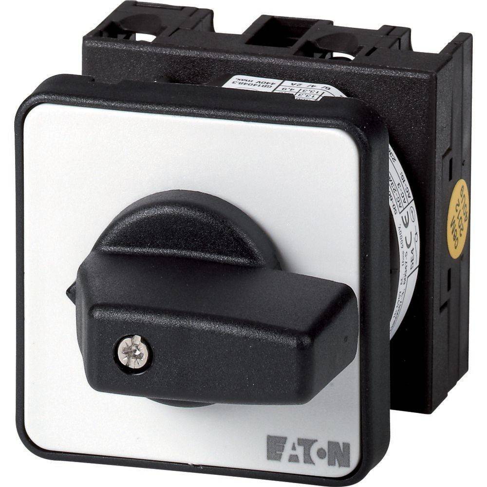 Ein Schalter mit einem schwarzen Drehknopf und einer weißen Frontplatte, der unten rechts mit 'Eaton' beschriftet ist und zur Steuerung elektrischer Stromkreise verwendet wird.