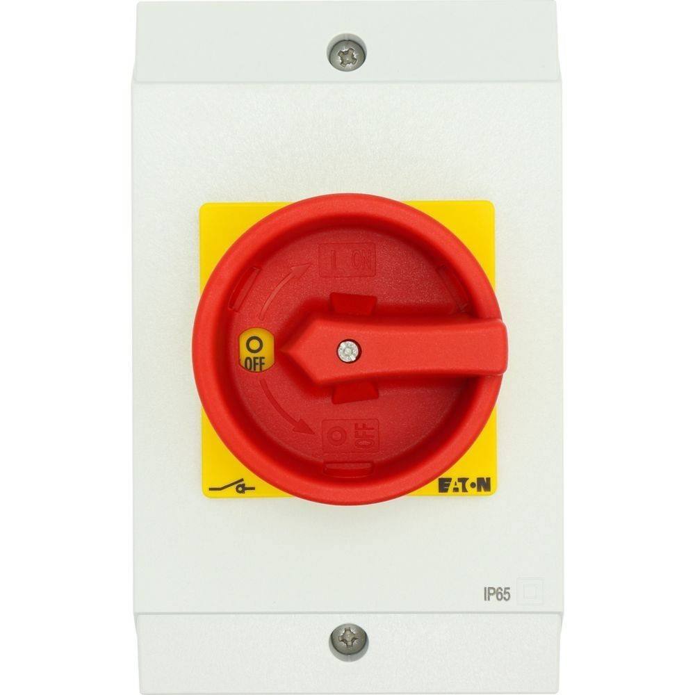 Drehschalter auf weißem Panel, mit rotem Knopf und gelber Basis, mit der Markierung 'AUS'. Mit 'EATON' beschriftet und mit IP65-Schutzart versehen.