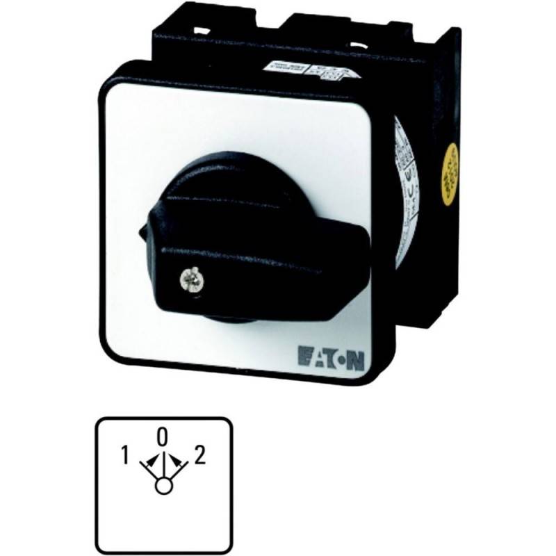 Ein schwarzer Drehschalter, der auf einer quadratischen Platte montiert ist und drei Positionen mit den Beschriftungen '0', '1' und '2' aufweist. EATON-Markenlogo sichtbar.