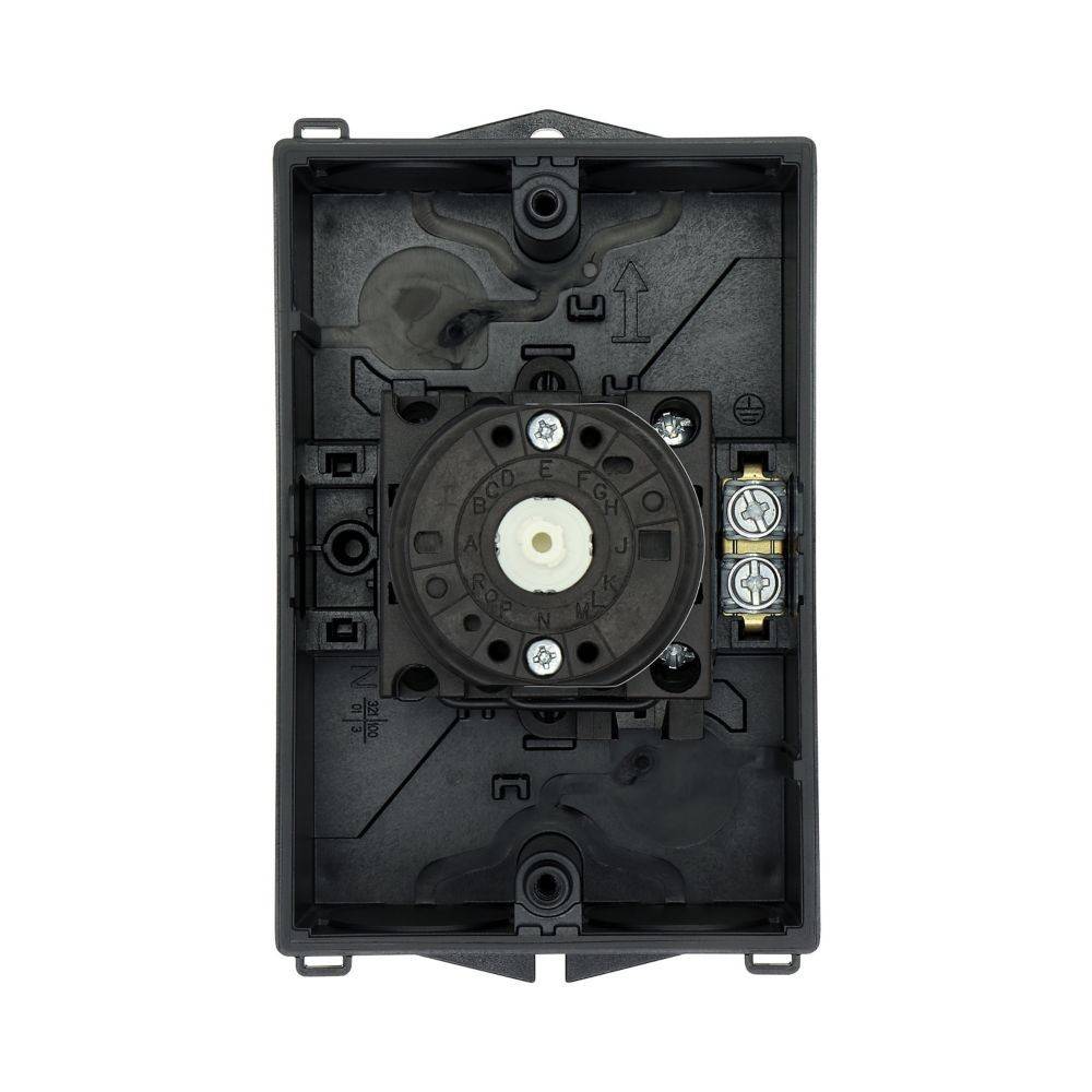Eine Nahaufnahme eines schwarzen elektrischen Bauteils in einem rechteckigen Gehäuse, mit sichtbaren Anschlussklemmen und einem zentralen rotierenden Mechanismus.