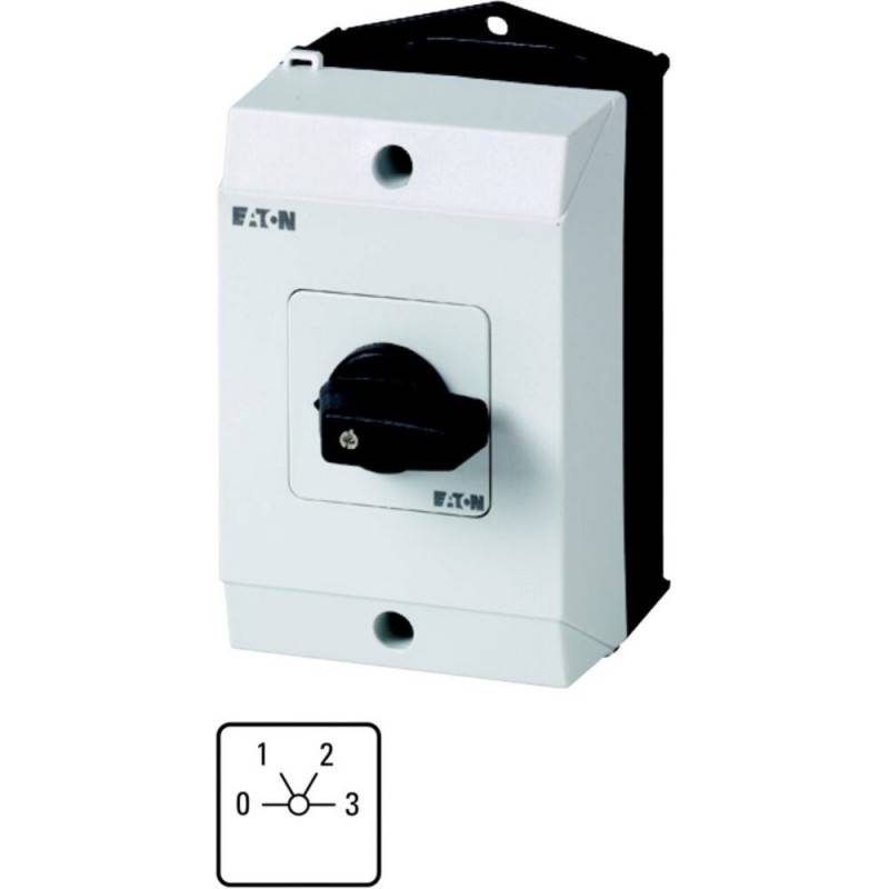 Ein weißer elektrischer Schalterkasten mit einem schwarzen Drehschalter, beschriftet mit den Positionen 0 bis 3. Das Eaton-Markenlogo ist sichtbar.