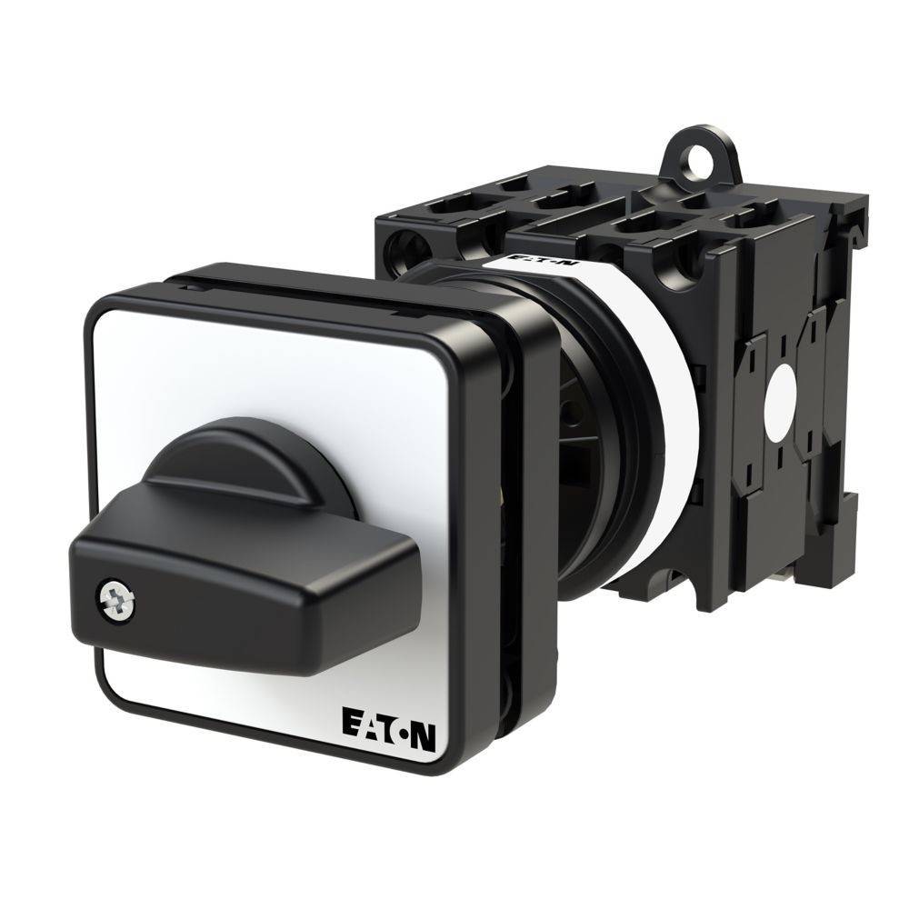 Schwarzer Drehschalter von 'EATON' mit quadratischer Grundfläche, für elektrische Anwendungen konzipiert und mit robuster, industrieller Bauweise ausgestattet.