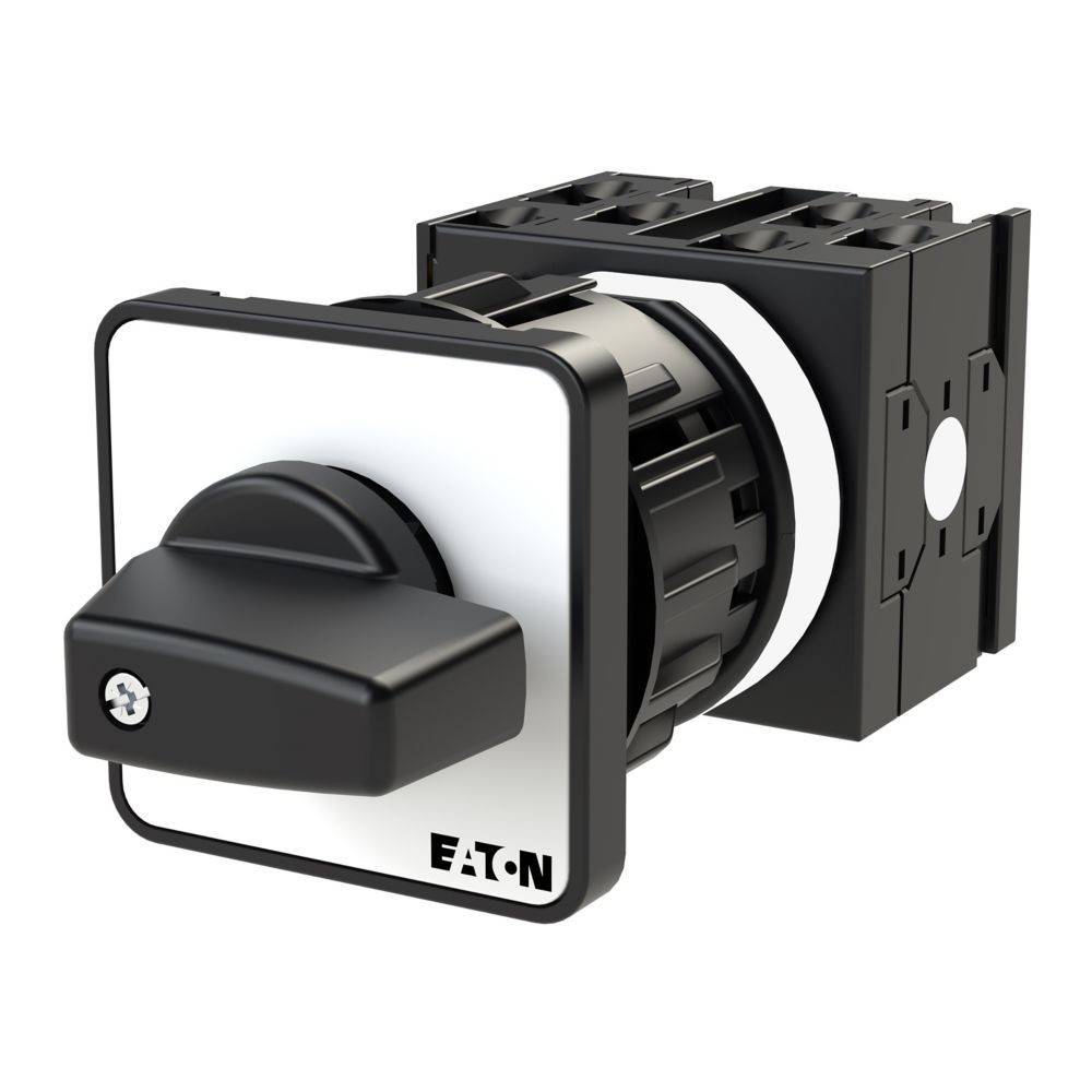Ein schwarzer und weißer industrieller Steuerungsschalter mit einem Drehhebelschalter, beschriftet mit 'Eaton', zum Einstellen elektrischer Einstellungen in Maschinen.