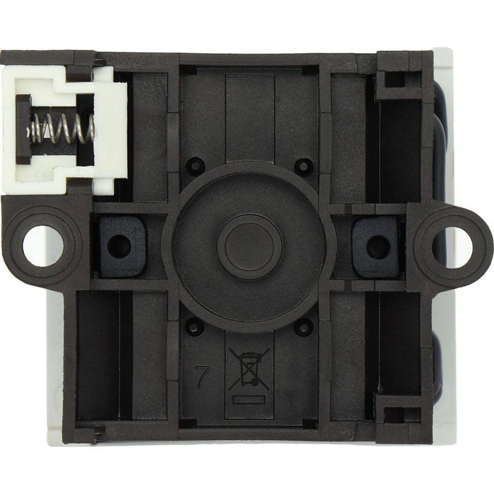 Das Bild zeigt die Rückseite eines schwarzen quadratischen Elektruschalters mit einem sichtbaren Federmechanismus in der oberen linken Ecke.
