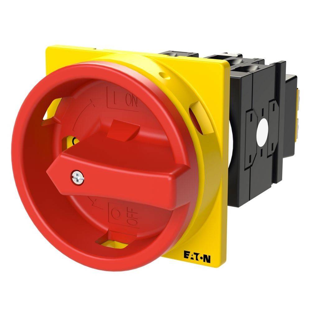 Ein roter und gelber industrieller Drehschalter in der 'Aus'-Position, mit der Beschriftung 'Eaton'.