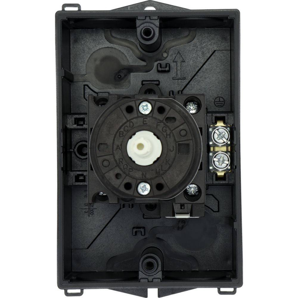 Eine schwarze elektrische Komponente mit einem zentralen Drehknopf und mehreren Anschlusspunkten, die in einen rechteckigen Rahmen eingebaut ist.