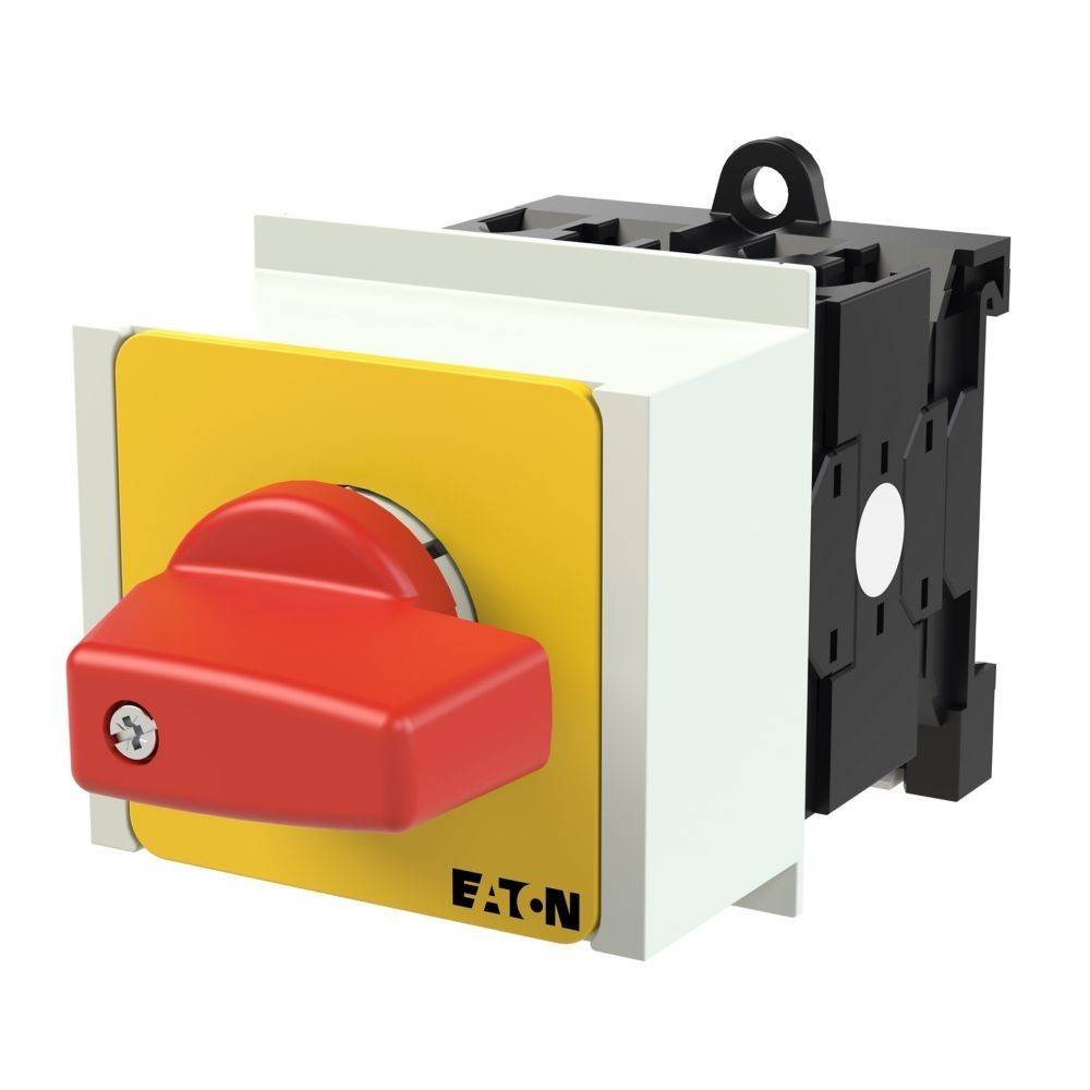 Ein roter Drehschalter mit einer gelben Basis, versehen mit dem Markennamen 'EATON', verwendet zum Abschalten oder Steuern elektrischer Schaltkreise.