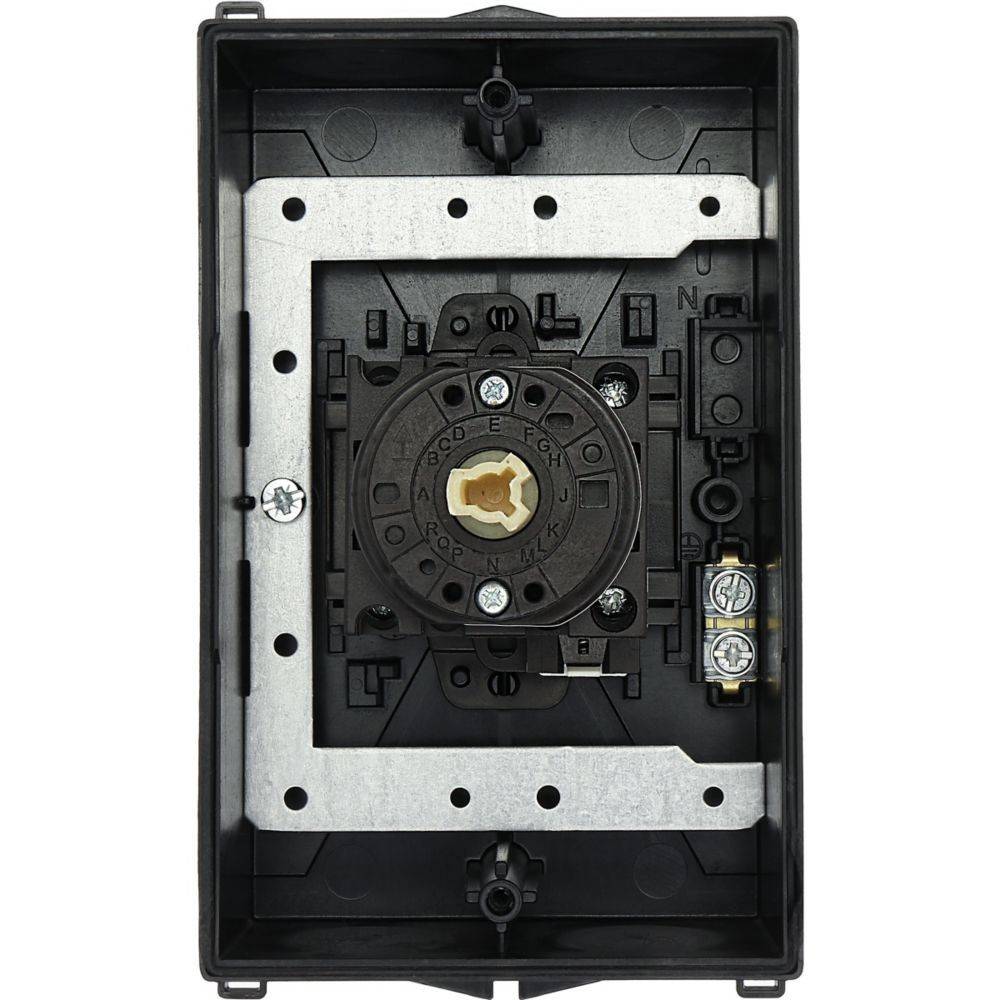 Nahaufnahme eines schwarzen elektrischen Bauteils mit Schrauben und Kabelanschlüssen, möglicherweise ein Teil zur Montage in einem elektronischen System.
