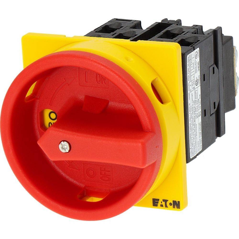 Ein roter und gelber Drehschalter mit der Markenbezeichnung 'Eaton' in der unteren rechten Ecke, der zum Ein- und Ausschalten elektrischer Schaltkreise verwendet wird.