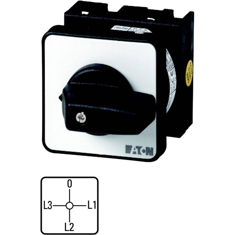 Schwarzer Drehschalter mit weißer Abdeckung, beschriftet mit ‚EATON', mit Positionen beschriftet als 0, L1, L2 und L3.