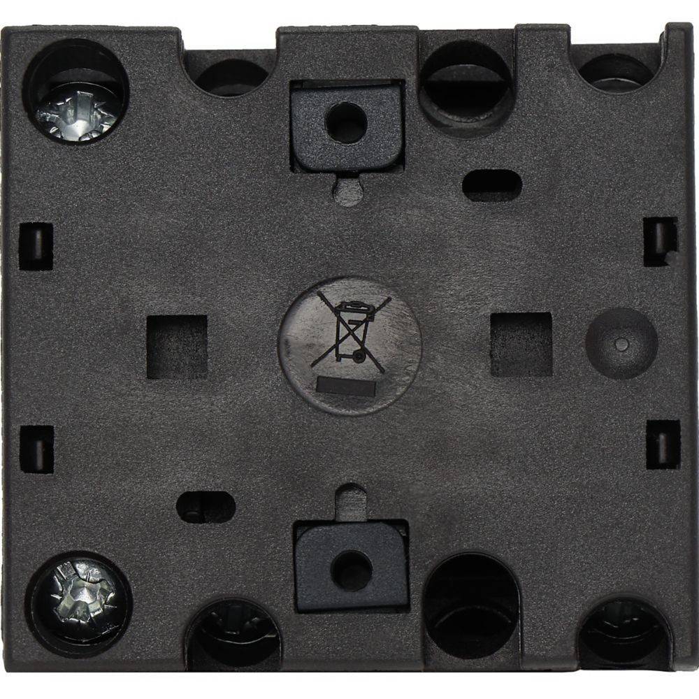 Eine schwarze Elektrodose-Rückseite mit sichtbaren Befestigungs- und Anschlusspunkten; gekennzeichnet mit einem kleinen, durchgestrichenen Mülleimer-Symbol.