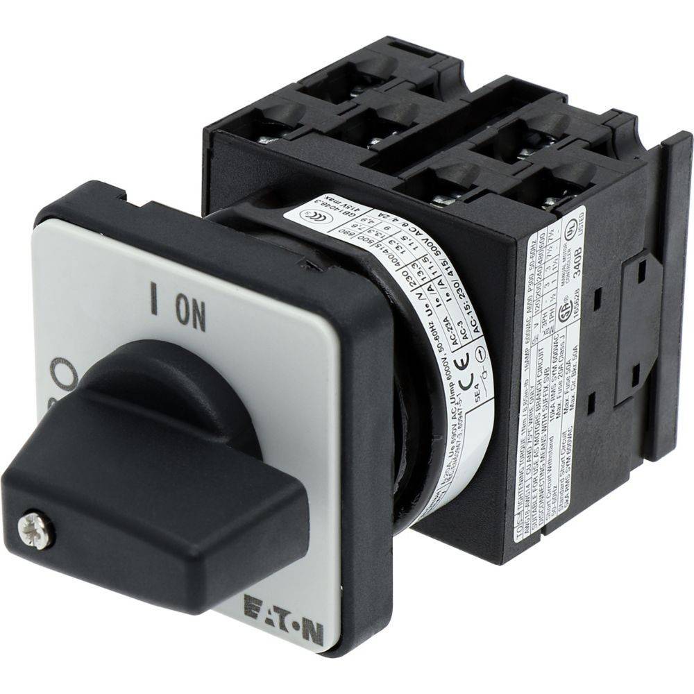 Ein Drehschalter mit 'EIN'- und 'AUS'-Positionen und einem schwarzen Griff, der für elektrische Steuerung verwendet wird. Der Markenname 'EATON' ist sichtbar.