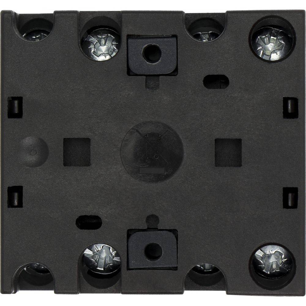 Eine schwarze Kunststoff-Montageklemme mit sichtbaren Schrauben in jeder Ecke, die zur Befestigung von elektrischen Komponenten oder Geräten verwendet wird.