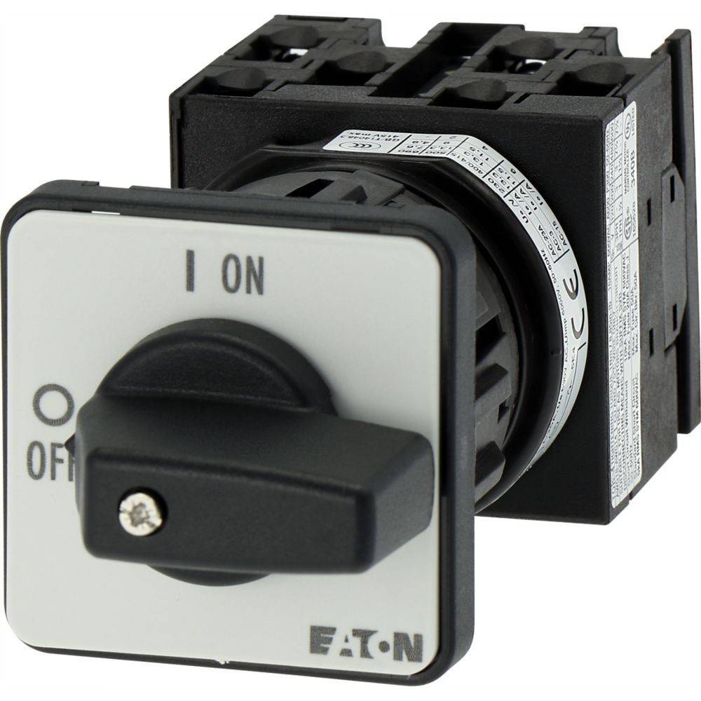 Drehschalter in Schwarz und Weiß, beschriftet mit ‚EIN' und ‚AUS', verwendet zur Steuerung elektrischer Geräte. Herstellerlogo ‚EATON' sichtbar.