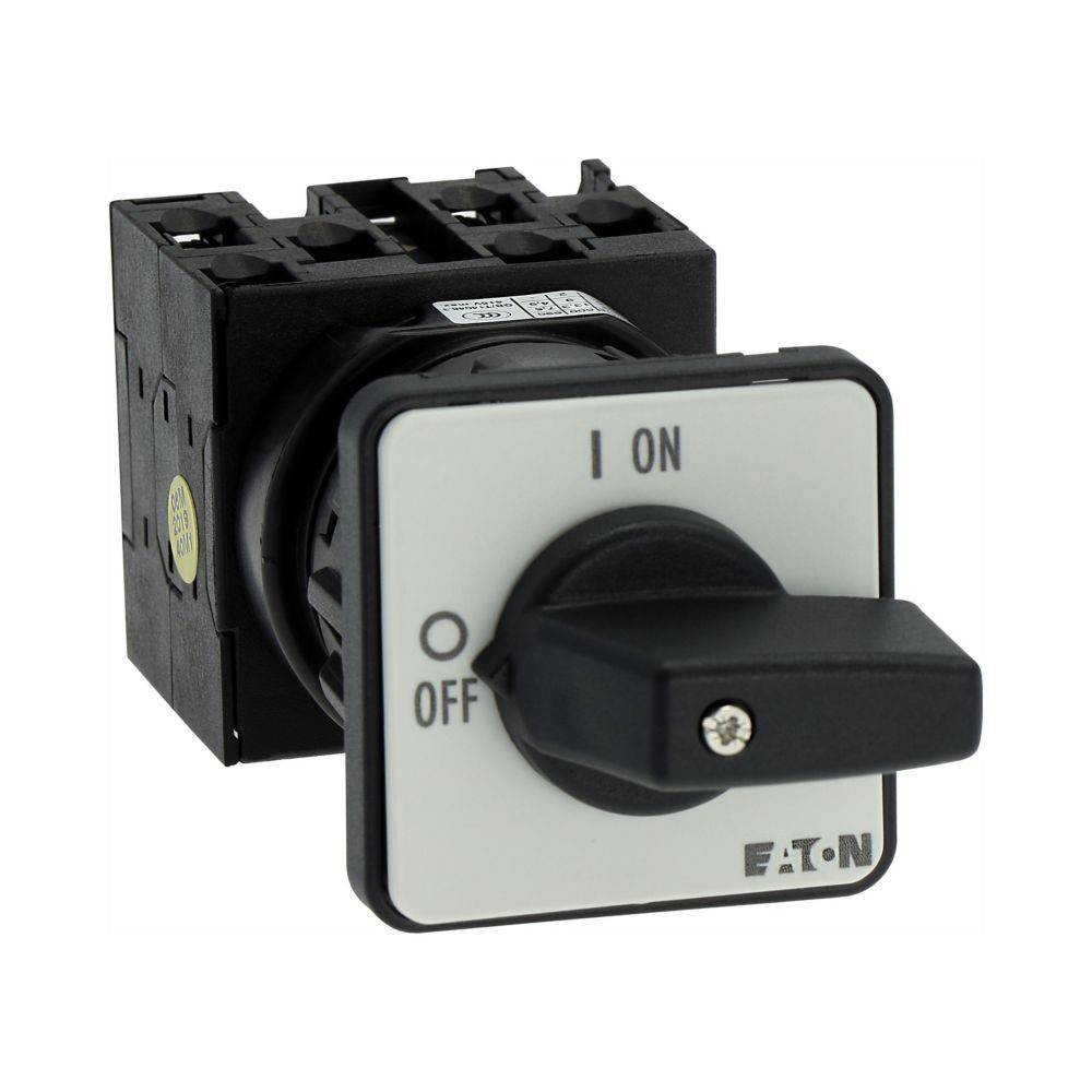 Ein schwarzer und weißer Eaton-Drehschalter in der 'AUS'-Position, konzipiert für Elektrische Verteilerkästen, mit quadratischer Frontplatte und Hebelgriff.