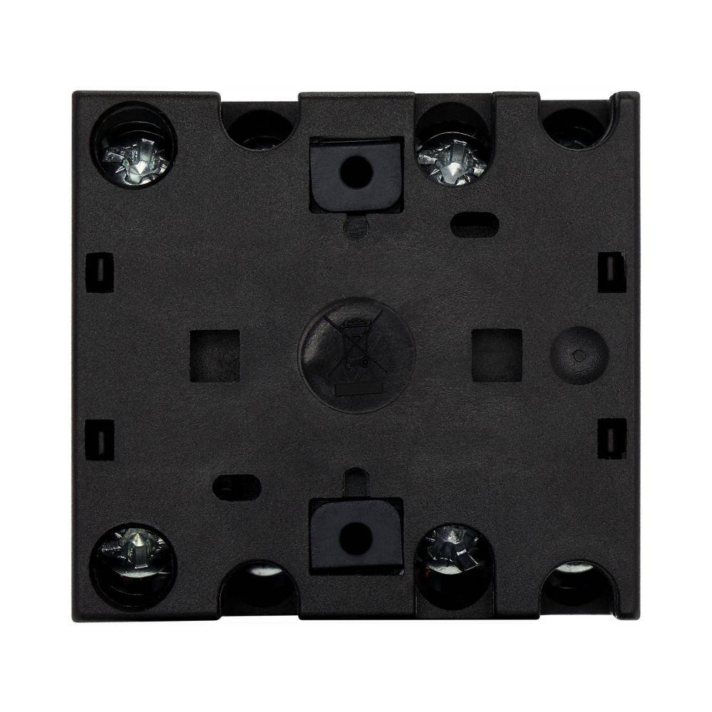 Eine schwarze Montageunterlage mit vier sichtbaren Schrauben an den Ecken, die für elektrische Installationen verwendet wird.
