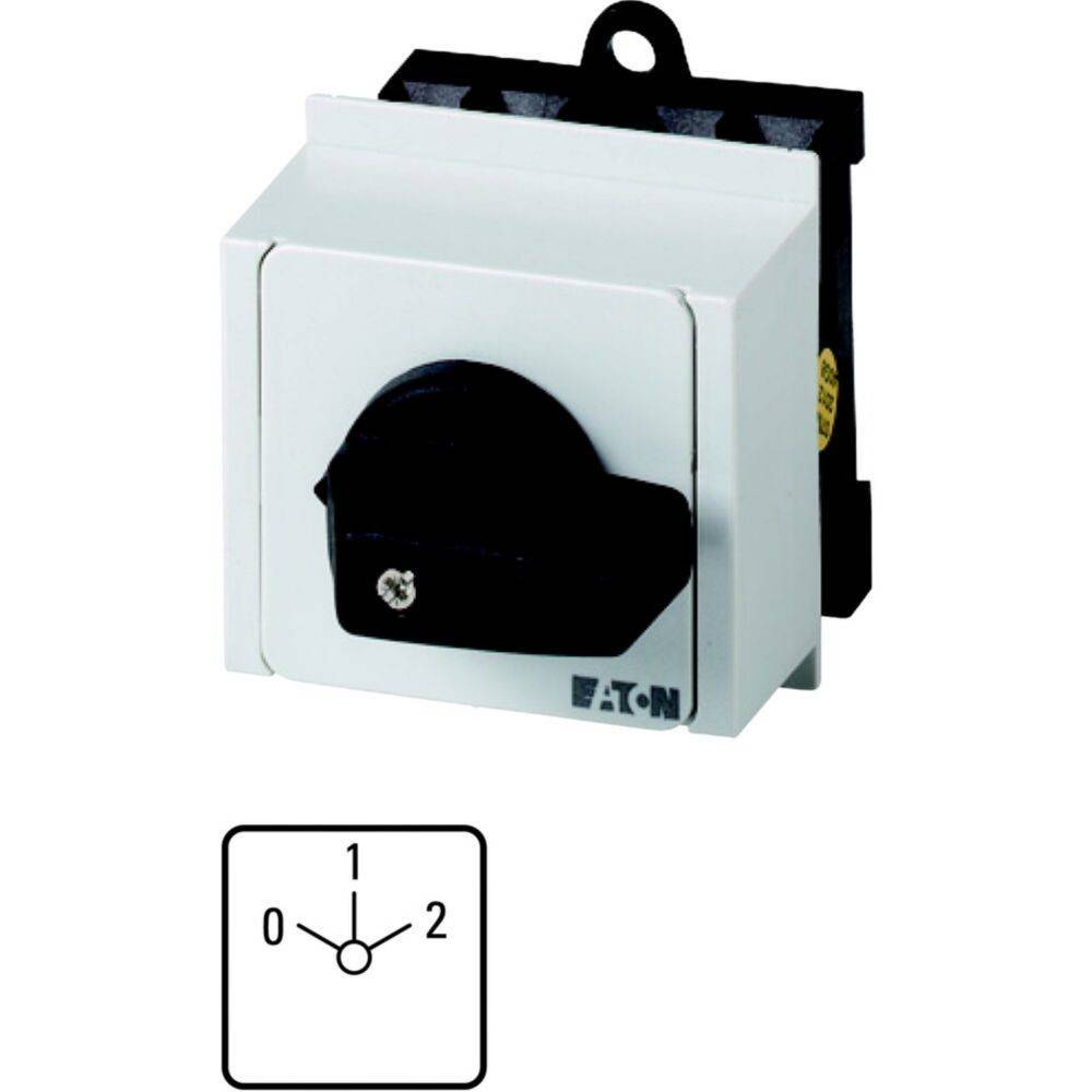 Drehschalter der Marke 'Eaton', drei Positionen mit den Beschriftungen 0, 1 und 2, mit einem schwarzen Drehknopf auf einem weißen Panel, ergänzt durch ein Schaltschema.