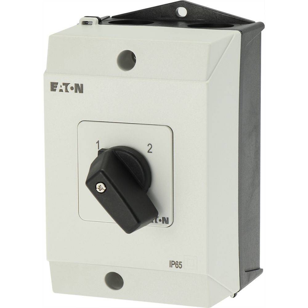 Industrieschalter mit einem schwarzen Drehknopf, der mit '1' und '2' gekennzeichnet ist, auf einem grauen Gehäuse mit der Aufschrift 'Eaton', mit IP65-Schutzart für Staub- und Wasserbeständigkeit.