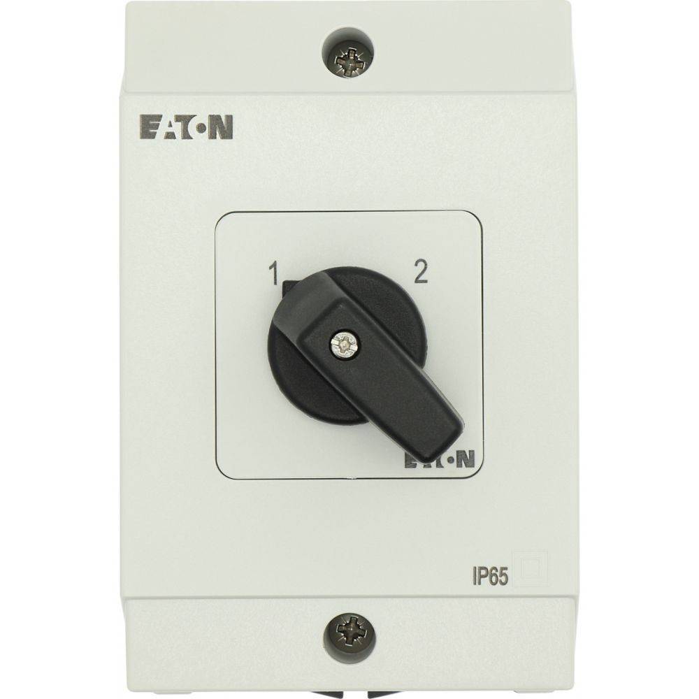 Eaton-Schalter mit einem schwarzen Hebel, gekennzeichnet mit den Positionen '1' und '2', auf einem weißen Panel mit der Beschriftung 'IP65', was auf ein wasserdichtes Gehäuse hinweist.