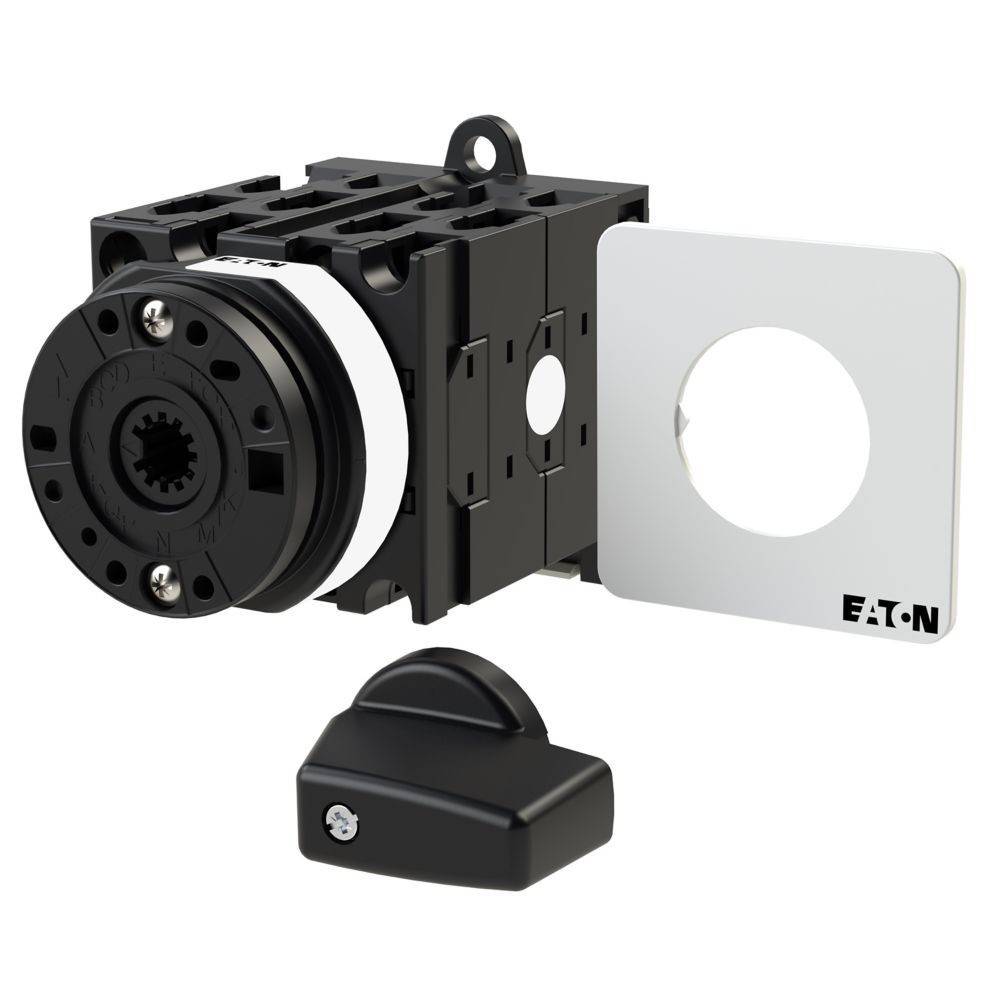 Eaton-Drehschalter in Schwarz mit abnehmbarem Knopf und weißer quadratischer Frontplatte, entwickelt für elektrische Steuerungsanwendungen.