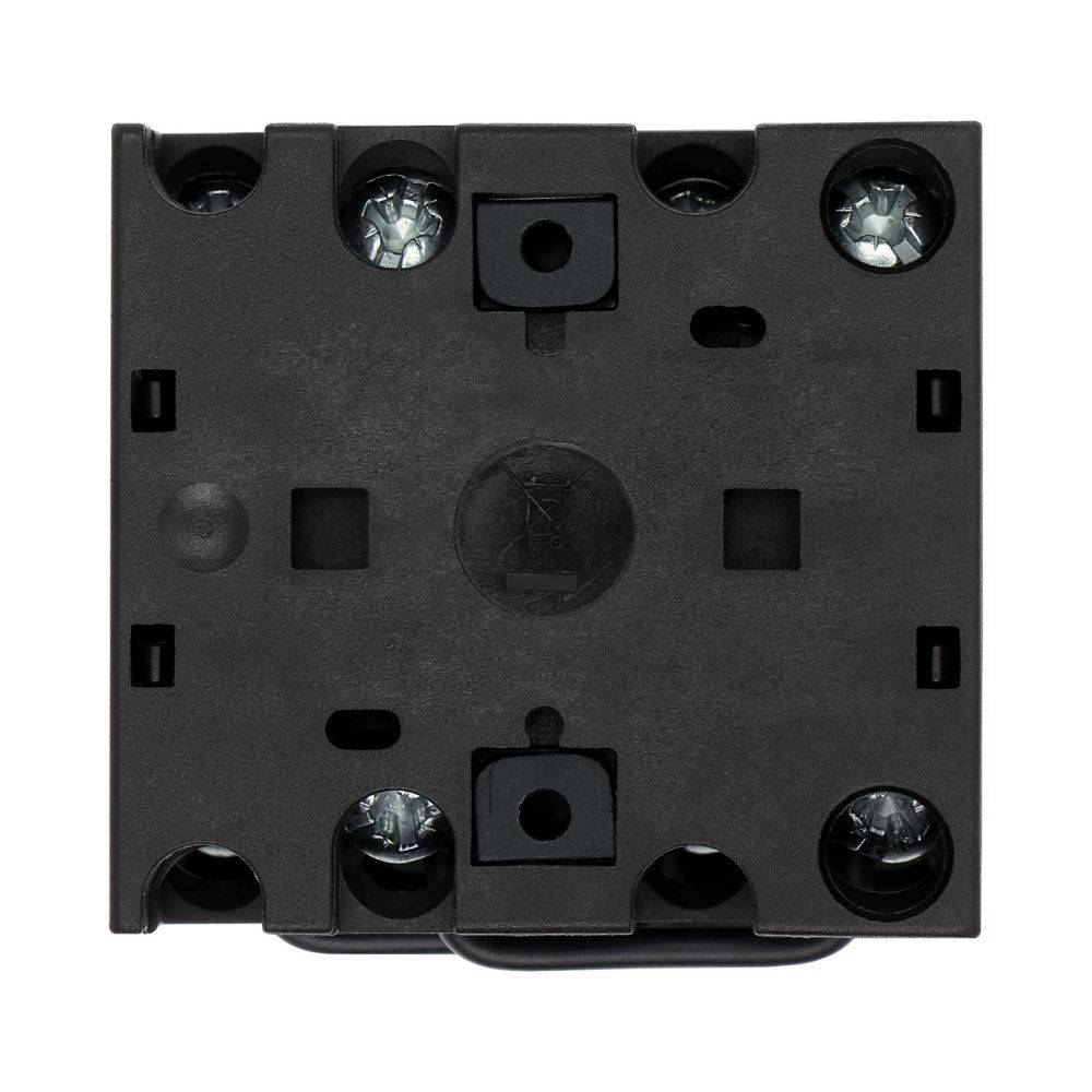 Eine schwarze quadratische elektrische Komponente mit Schraubenbohrungen und einem zentralen Schalter, die zum Verbinden von Schaltkreisen in elektronischen Geräten verwendet wird.