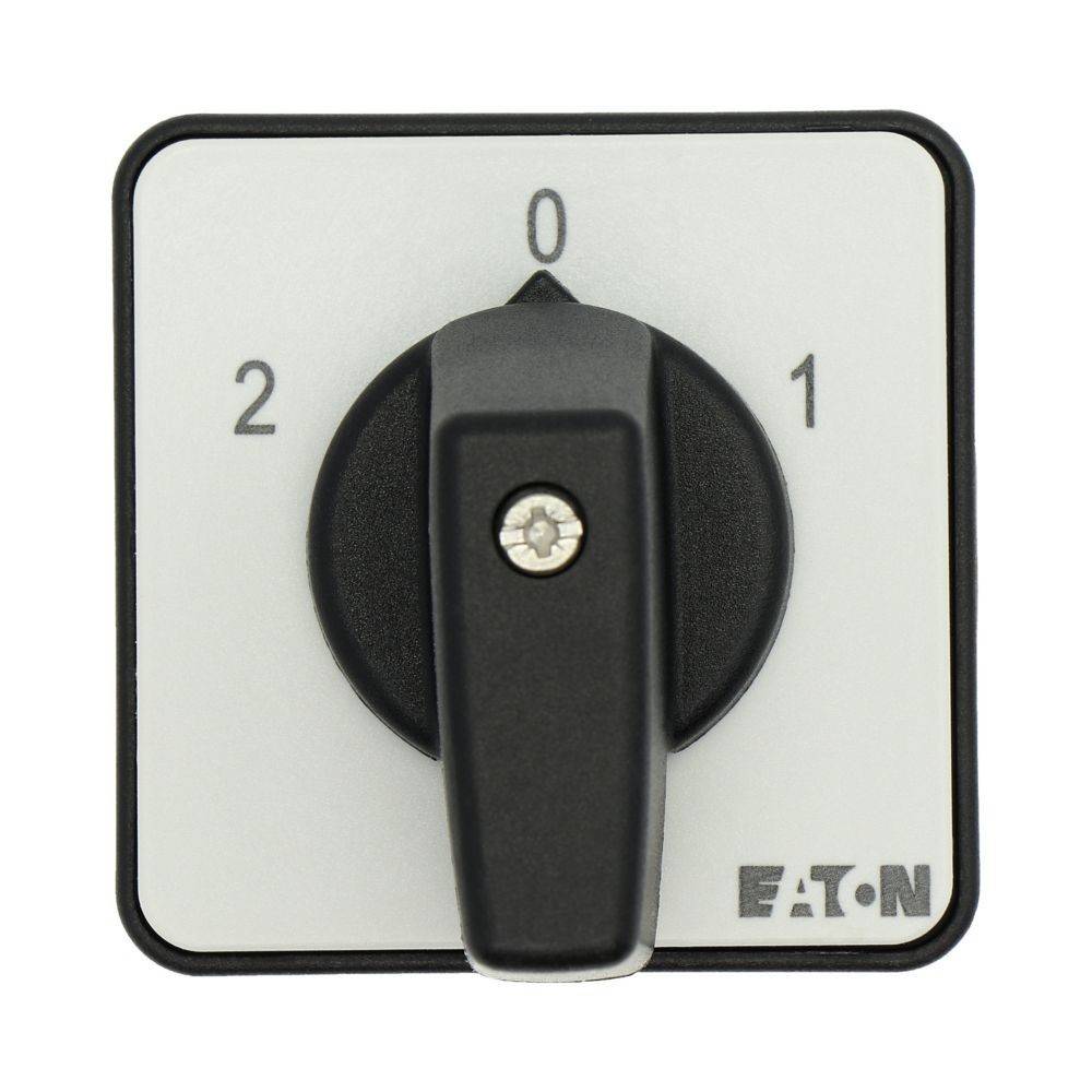 Ein schwarzer Drehschalter mit Einstellungen, die mit '0', '1' und '2' beschriftet sind, montiert auf einer weißen quadratischen Platte. Die Marke 'EATON' ist in der Ecke sichtbar.