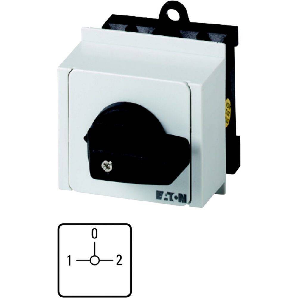 Ein weißer und schwarzer Elektroschalter mit einem Drehknopf in der Mitte, positioniert zwischen den Stellungen 0, 1 und 2, mit der Markenbezeichnung 'Eaton'.