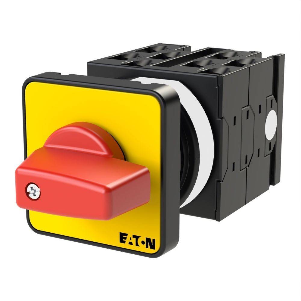 Ein schwarzer und gelber Eaton-Drehschalter mit rotem Griff, der für Ein-Aus-Steuerung in elektrischen Anwendungen konzipiert ist.