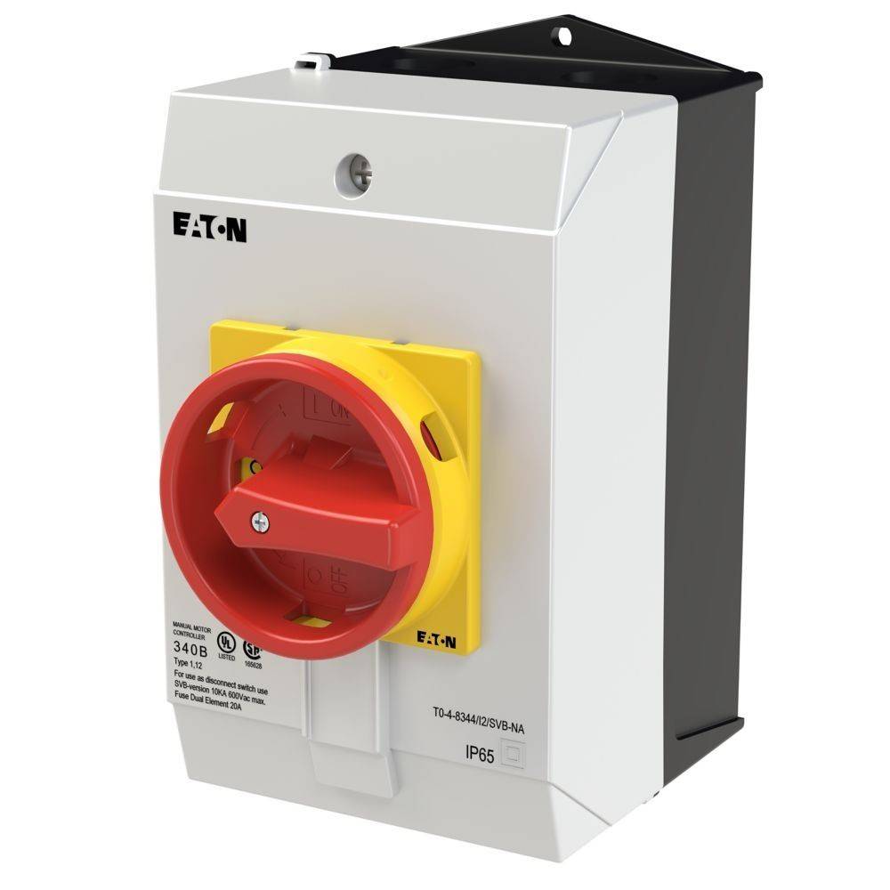 Ein wandmontierter elektrischer Schalter mit einem roten Drehgriff, der in einem gelben Sicherheitsgehäuse eingebettet ist und die Markenbezeichnung 'EATON' trägt.