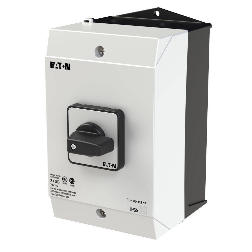 Eaton-Schalter mit schwarzem Drehgriff, der auf einem weißen Gehäuse montiert ist. Die Modellnummer lautet 340B und ist mit IP65 bewertet.