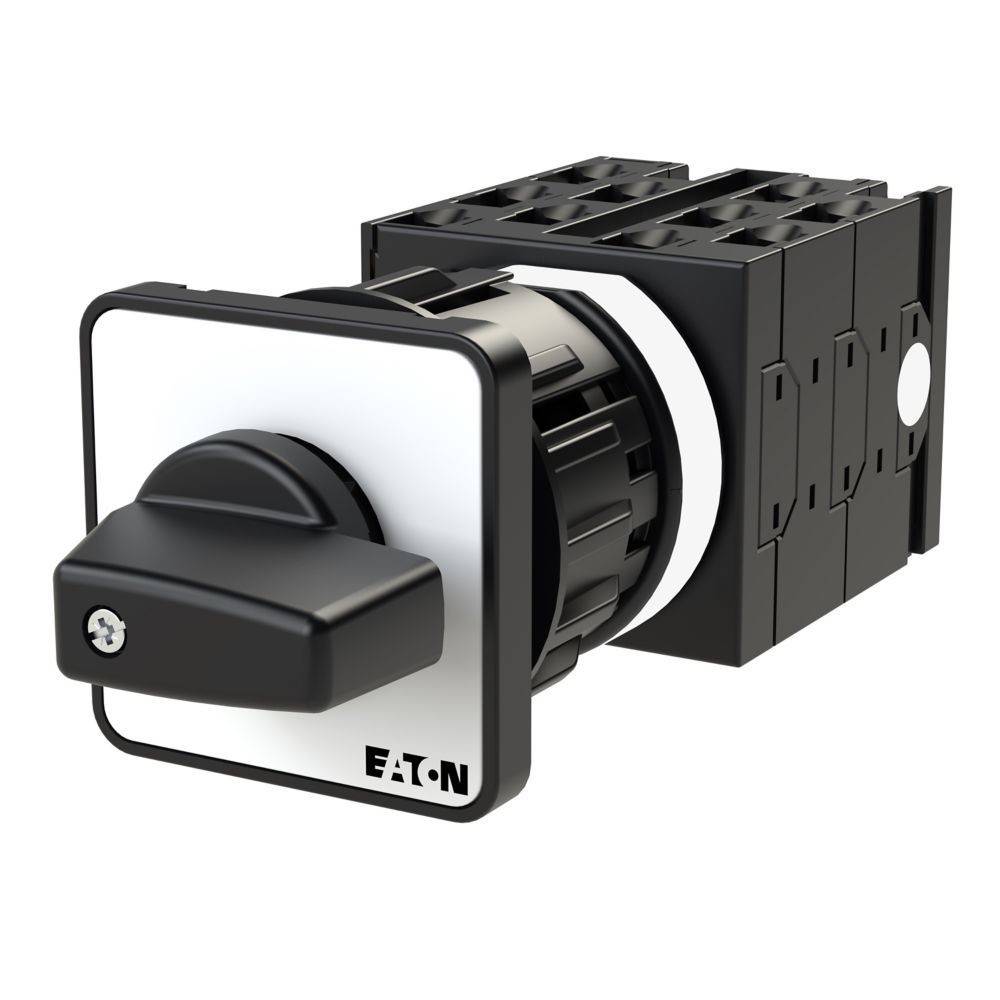 Ein schwarzer und silberner industrieller Elektroschalter mit dem Eaton-Logo, ausgestattet mit einem Drehknopf zur Einstellungsanpassung.
