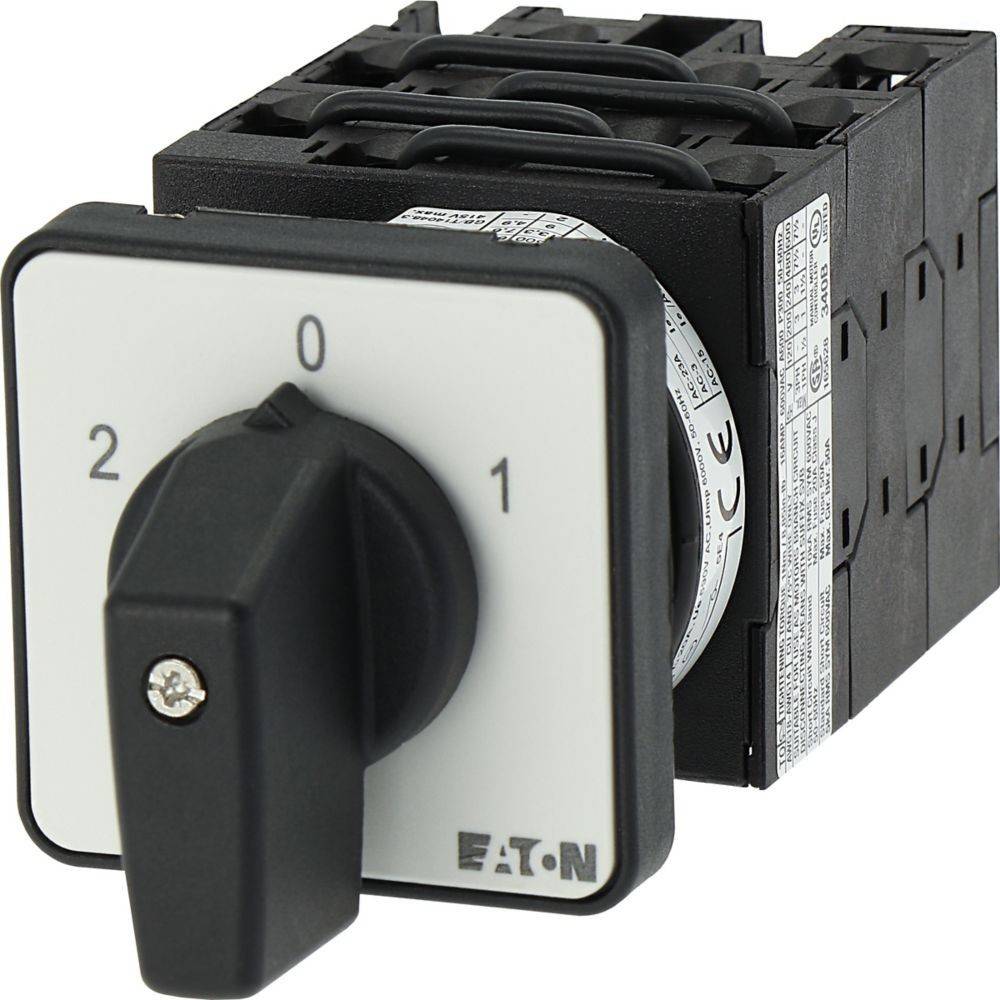 Eine Nahaufnahme eines schwarzweißen elektrischen Schalters von Eaton mit den Positionen '0', '1', '2'.