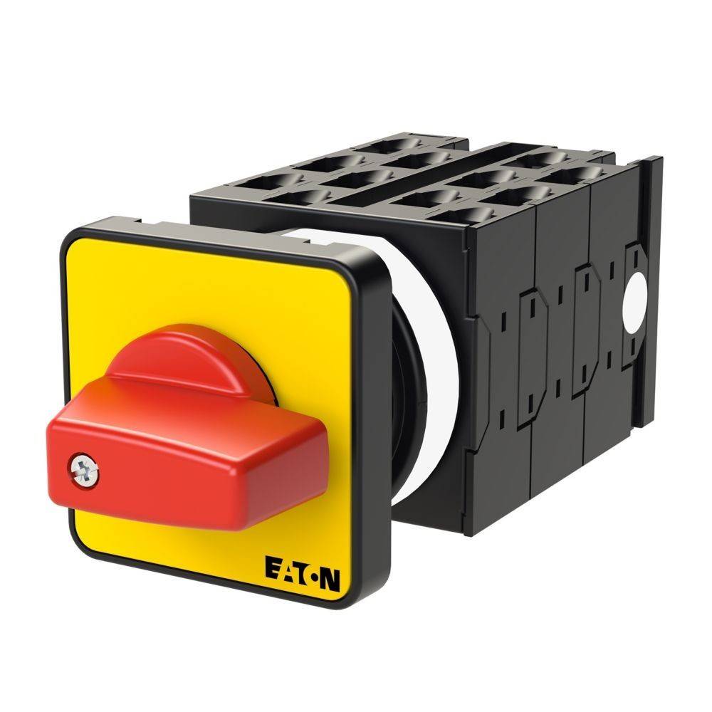 Ein schwarzer und gelber Eaton-Elektroschalter mit einem roten Griff, der an der Vorderseite positioniert ist und zur Steuerung von Stromkreisen verwendet wird.