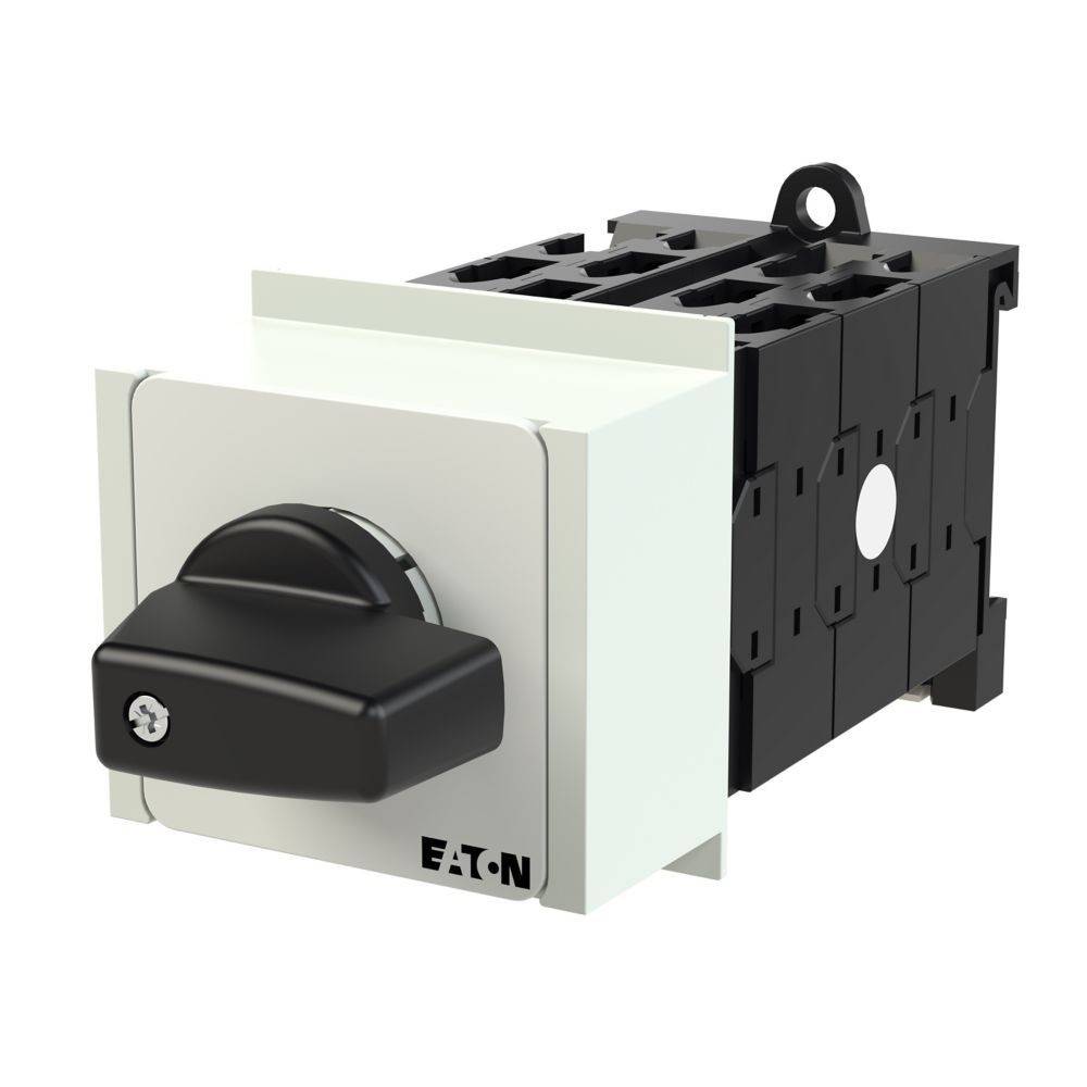 Eaton-Drehschalter in Schwarz und Weiß, Seitenansicht mit Schalter-, Befestigungs- und Hebeldetails.