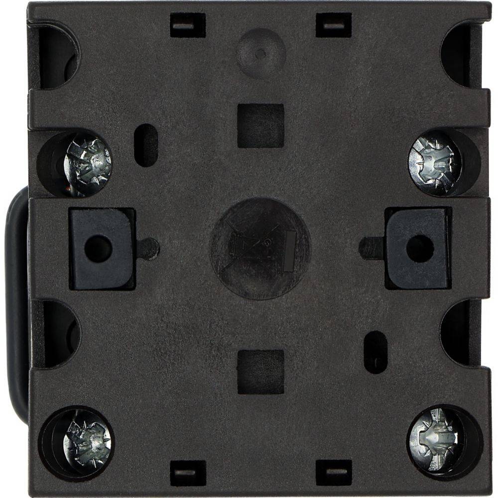 Eine schwarze elektrische Relais von oben betrachtet, mit vier sichtbaren Schrauben und Befestigungslöchern, die für Schaltungsverbindungen verwendet wird.