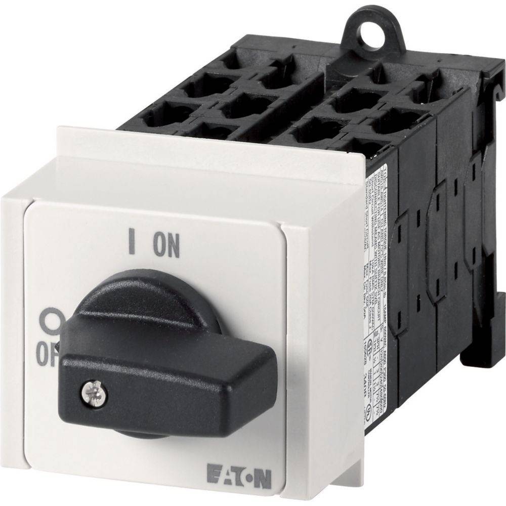 Schwarzer und weißer Elektroschalter mit 'EIN' und 'AUS' Beschriftungen; Markenname 'EATON' auf der Frontplatte sichtbar.
