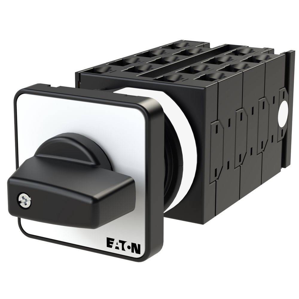 Ein Eaton Elektroschalter mit robustem schwarz-silbernem Design und Drehgriff, geeignet für industrielle Anwendungen.