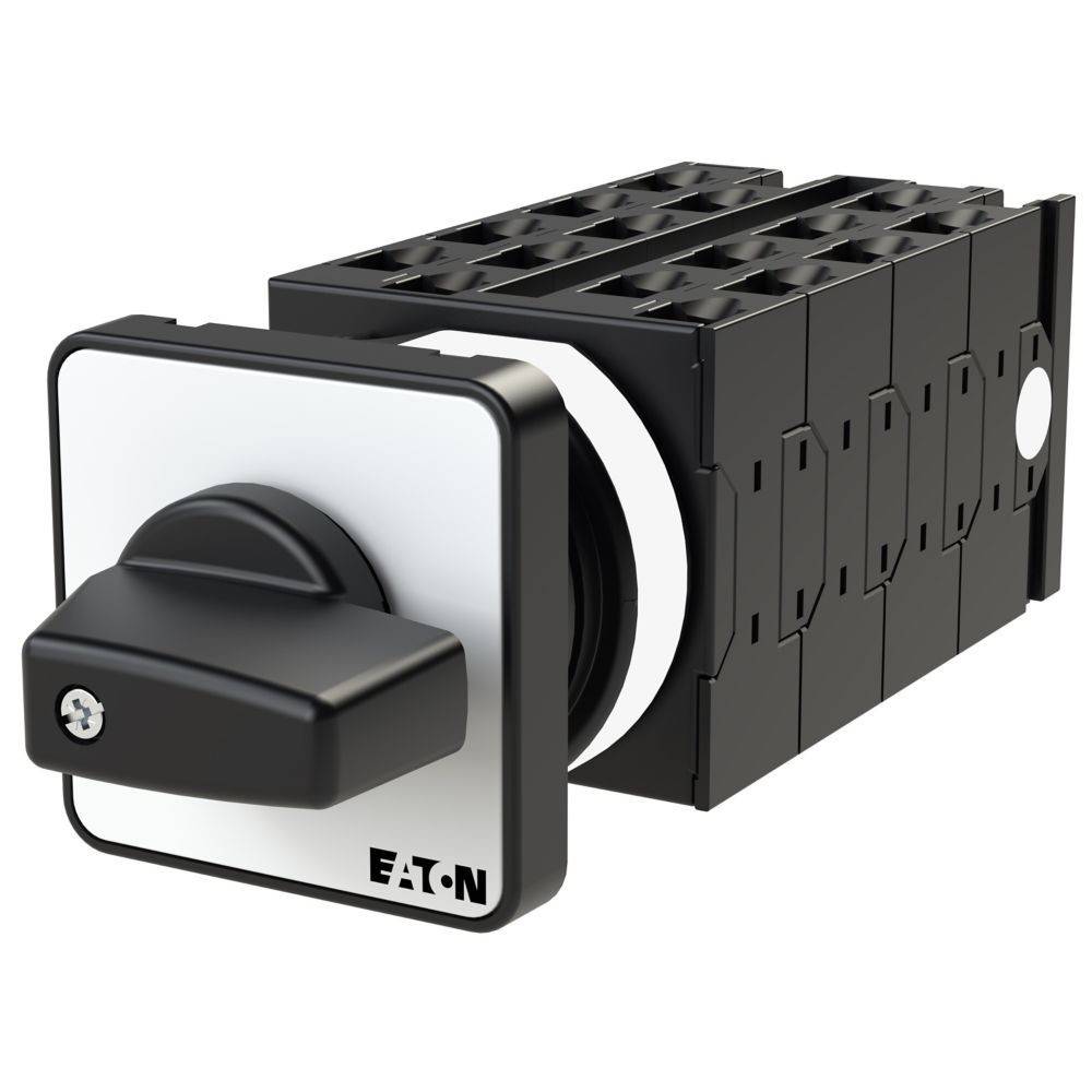 Eine schwarze und weiße Rotary-Schalterkomponente von Eaton mit quadratischer Frontplatte und Knopf, ausgelegt für die Steuerung elektrischer Schaltkreise.