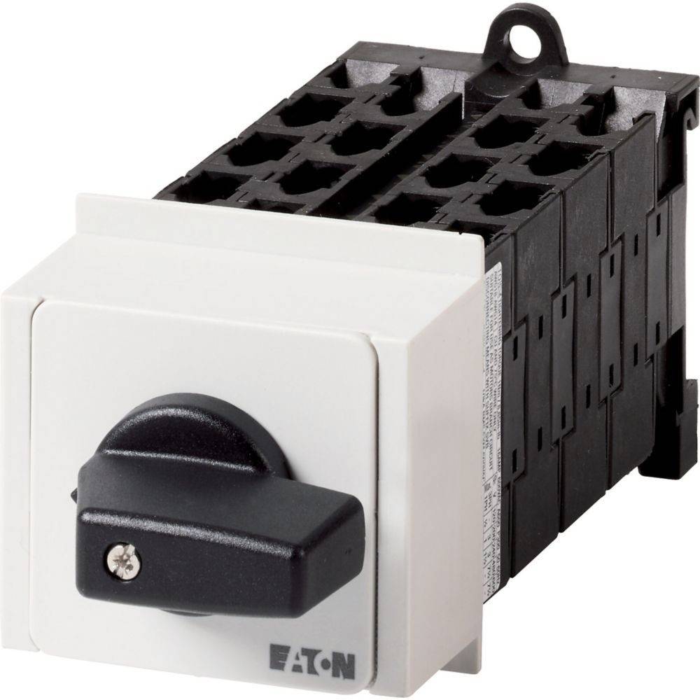 Ein schwarzer Drehschalter mit weißem Sockel, beschriftet mit 'Eaton', zur elektrischen Steuerung, montiert auf einem schwarzen Modularpanel.