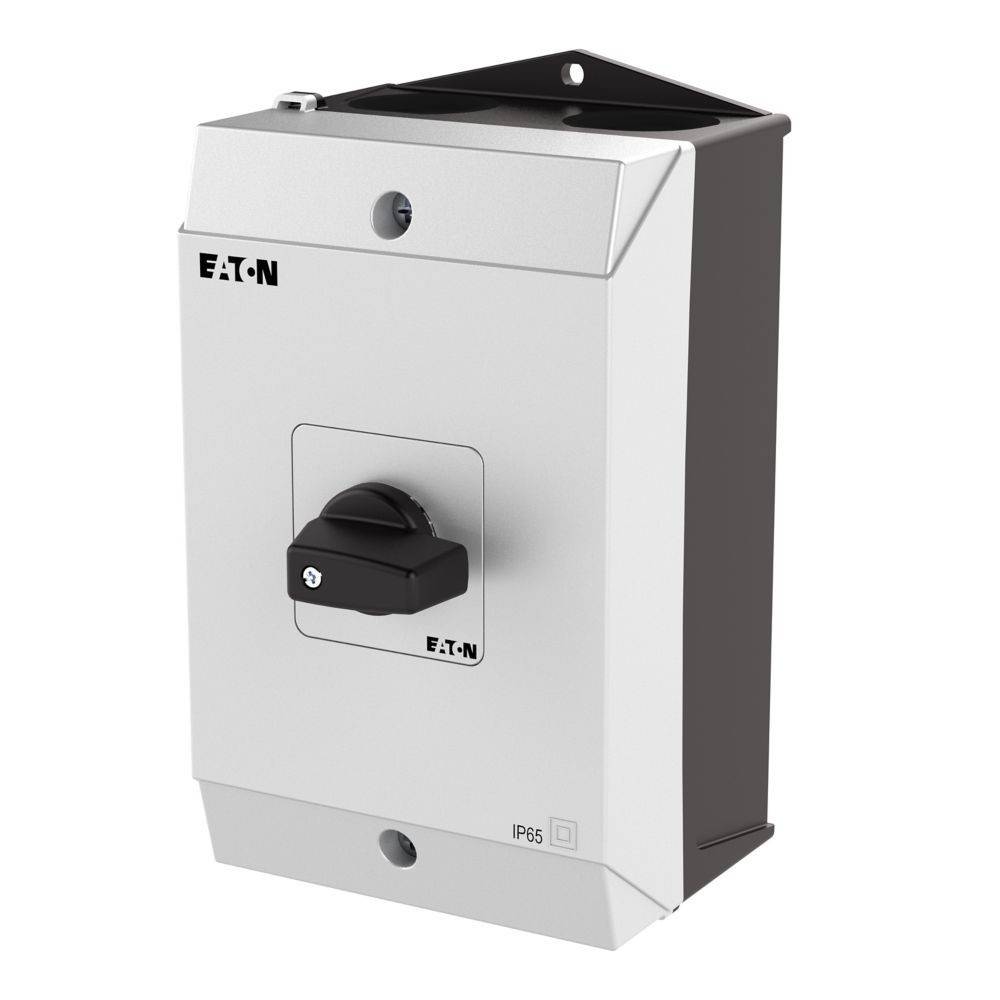Elektrischer Schaltschrank mit einem schwarzen Griff und dem 'Eaton' Logo. Der Schaltschrank ist rechteckig, metallfarbig und mit 'IP65' für Staub- und Wasserschutz gekennzeichnet.