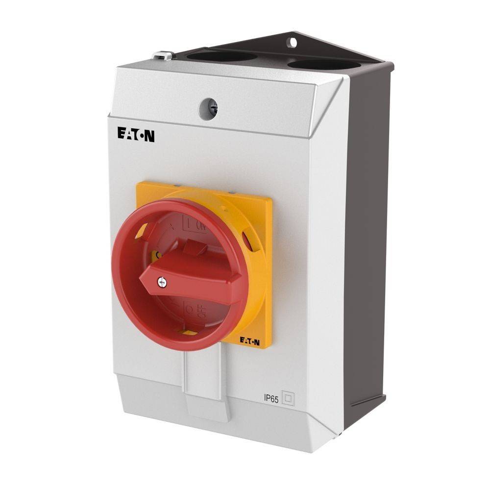 Ein Eaton-Elektroschalter mit rotem Drehgriff auf einem weißen rechteckigen Gehäuse. Darauf ausgelegt, die Stromversorgung zu steuern und mit Fokus auf Sicherheit und Langlebigkeit konzipiert.