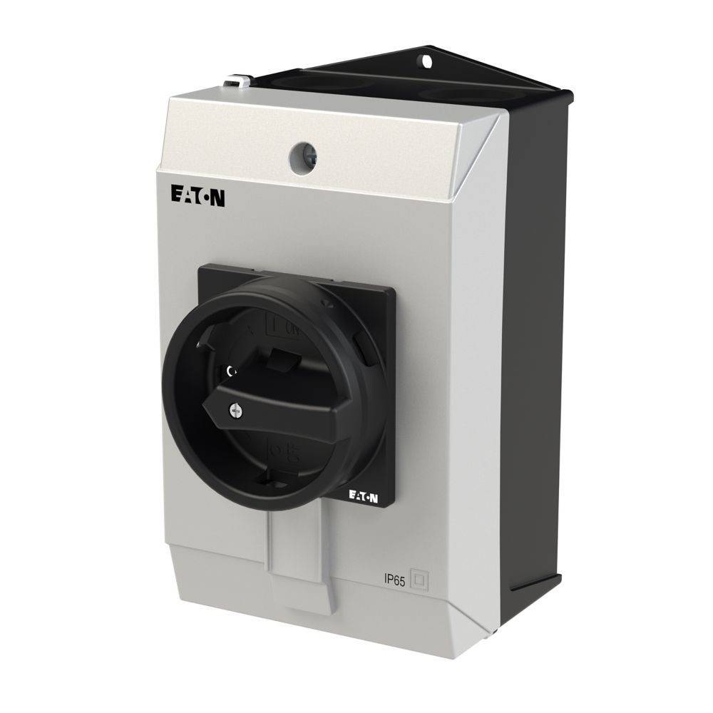 Eaton IP65' Schaltkasten mit Schutzabdeckung und robuster Bauweise, geeignet für den Außen- und Industrieeinsatz.