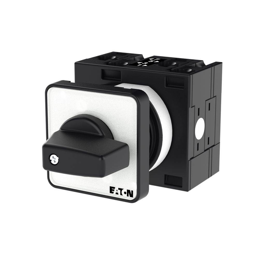 Ein schwarzer und weißer Elektroschalter mit einem Drehgriff, auf einer quadratischen Grundplatte montiert, mit der Markenbezeichnung 'Eaton' in der unteren rechten Ecke.
