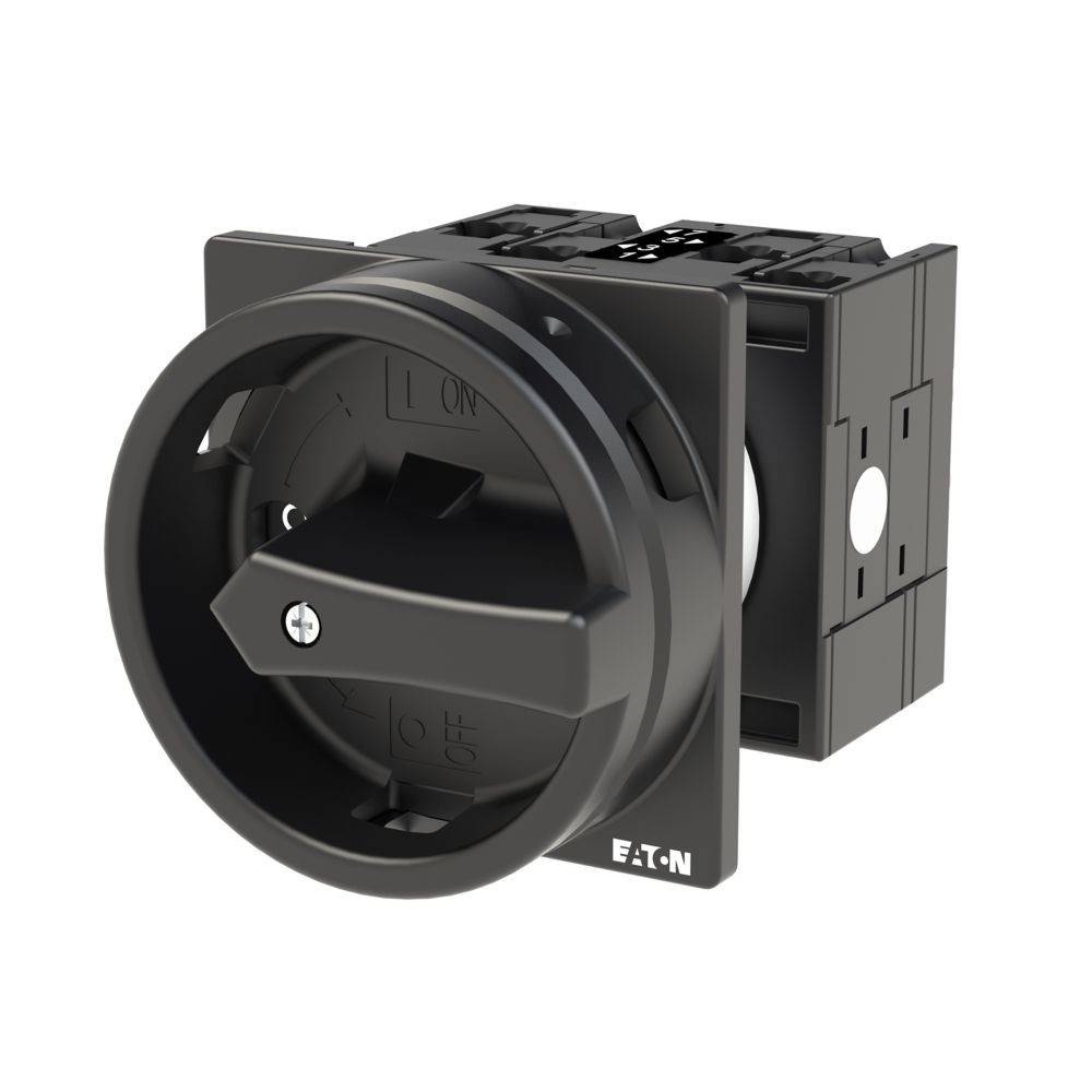 Ein schwarzer Drehschalter mit 'EIN'- und 'AUS'-Beschriftungen, der zur Steuerung elektrischer Schaltkreise dient und ein robustes industrielles Design aufweist.