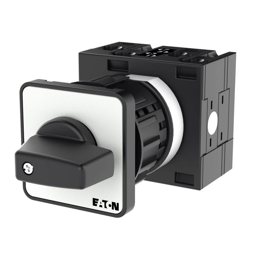 Ein schwarzer und weißer Drehschalter mit quadratischem Design, der zur Steuerung elektrischer Schaltkreise verwendet wird; mit dem Markennamen 'Eaton'.