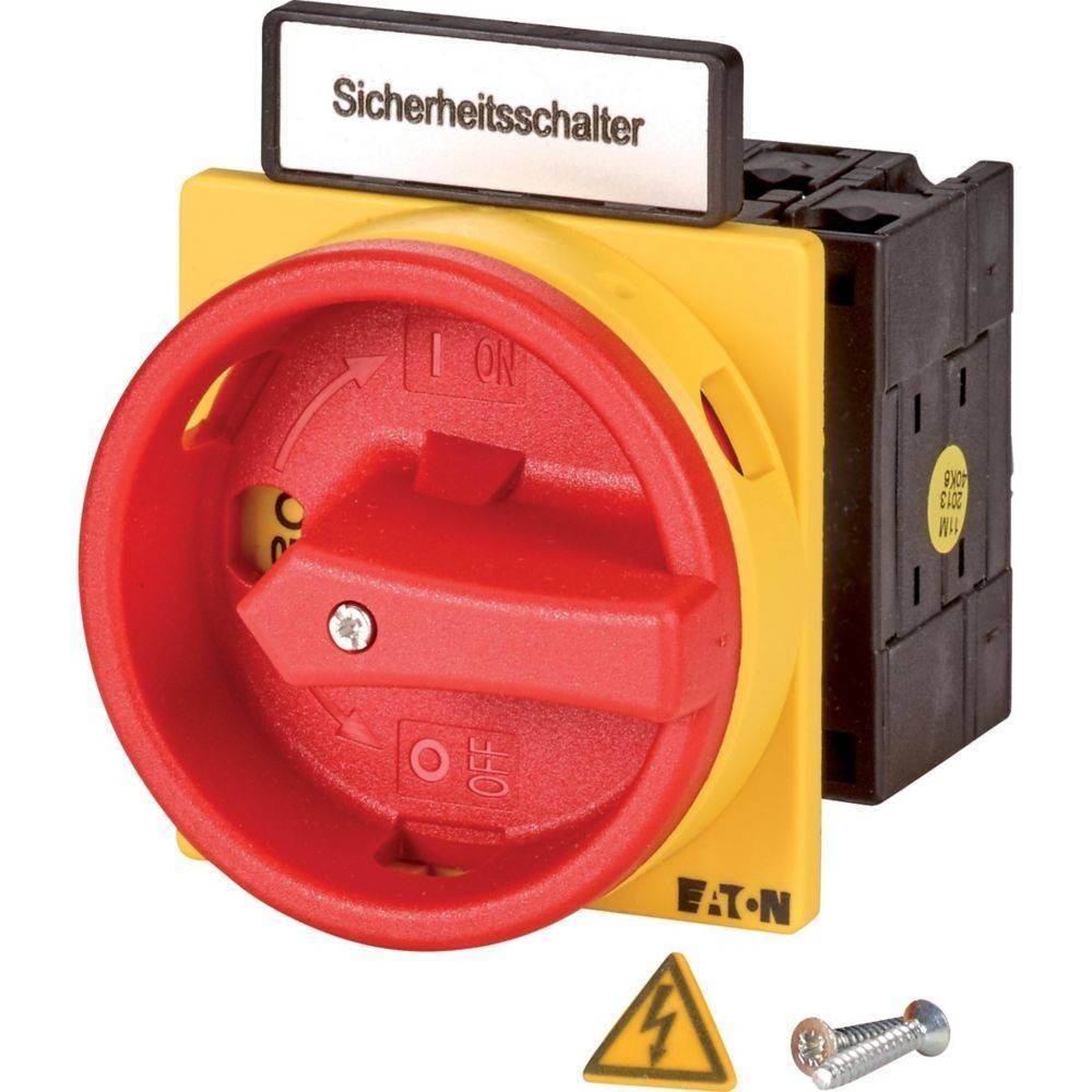 Roter Rotationsschalter mit der Beschriftung 'Sicherheitsschalter' in einem gelben Gehäuse, auf 'AUS' gestellt. Enthält ein Warnzeichen und eine Schraube in der Nähe.