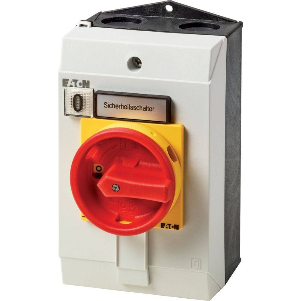 Sicherheitsschalter mit einem roten Drehgriff und einem weißen Gehäuse, auf einem Metallschild mit der Beschriftung 'Sicherheitsschalter', verwendet zur Stromkreissteuerung.